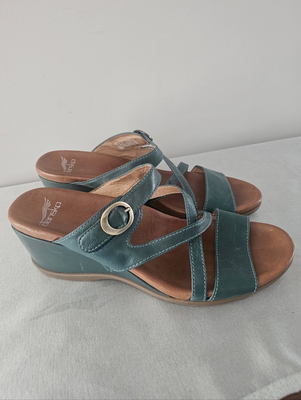 DANSKO Ana Green, Teal Womens Leather Wedges, Sandals, Shoes